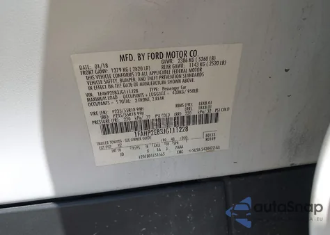 2018 Ford Taurus Sel из США, поврежденный, VIN 1FAHP2E83JG111228